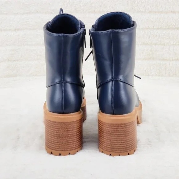 *Unilady Navy Blue Wood Look 3" Chunky Platform Combat Boots - Picture 4 of 7